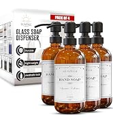 Sunrise Premium 4 Pack Amber Glass Soap Dispenser 16 OZ with Matte Black Stainless Steel Pump, Ha...