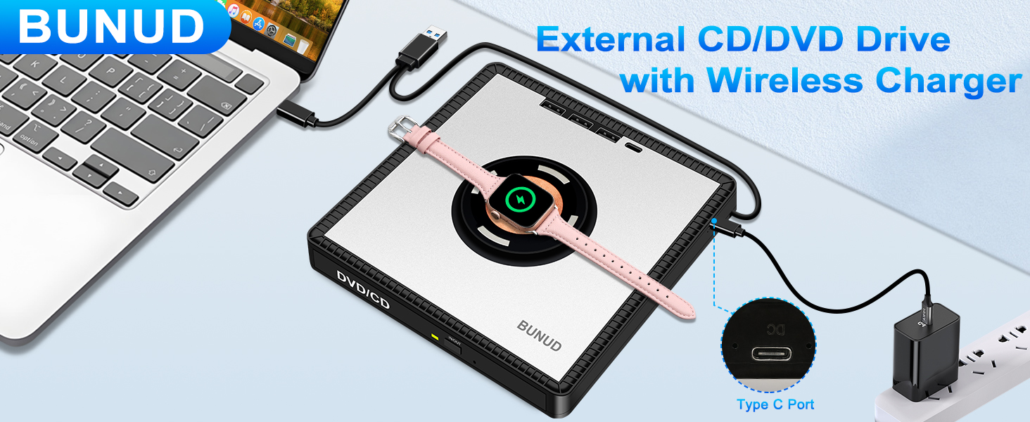 BUNUD external cd/dvd drive 3 in 1 wireless charger plug and play