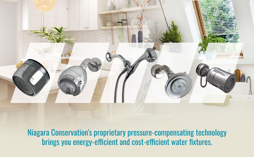 Display of our faucets, shower heads, aerators, spray valves, kitchen and bathroom fixtures