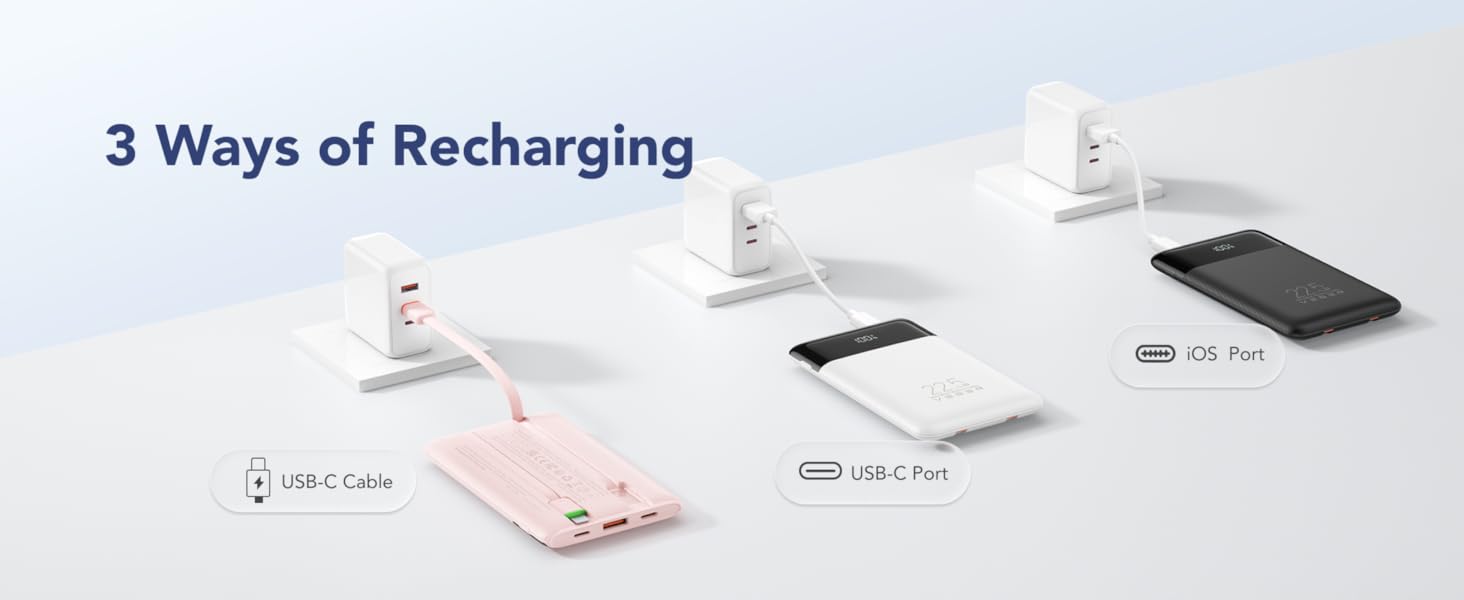 3 Ways of Recharging. 1. Built-in USB-C Cable. 2. USB-C Input Port. 3. Lightning Input Port..