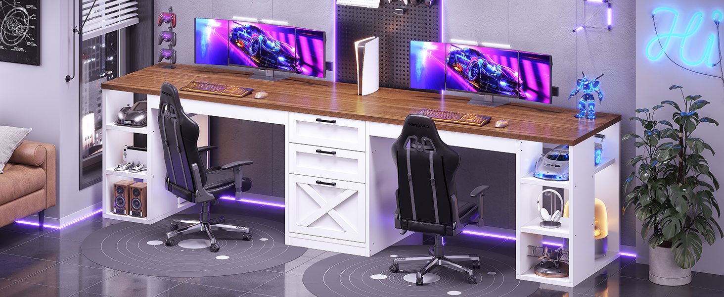 Computer Desk with Drawers, 2 Person Home Office Desk