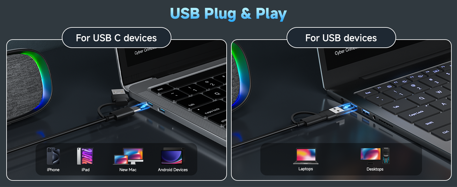 USB Plug &amp;amp; Play, For USB C devices / For USB devices