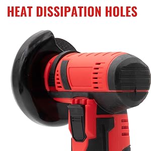Close-up of a red and black power tool featuring heat dissipation holes, showing the ventilation design on its housing.