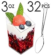 DLux 32 x 3 oz Mini Dessert Cups with Spoons, Square Slanted - Clear Plastic Parfait Appetizer Cu...