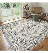 Area Rug Living Room Rugs: 5x7 Washable Rug Vintage Soft Boho Floral Non-Slip Carpet Indoor Floor...