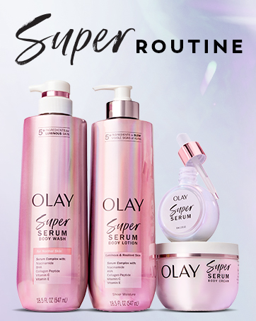 Olay Super Serum collection in front of a purple background