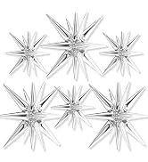PartyWoo Star Balloons 6 pcs, One-Piece 14-pointed Star Explosion Balloons with Ribbon, Silver Fi...