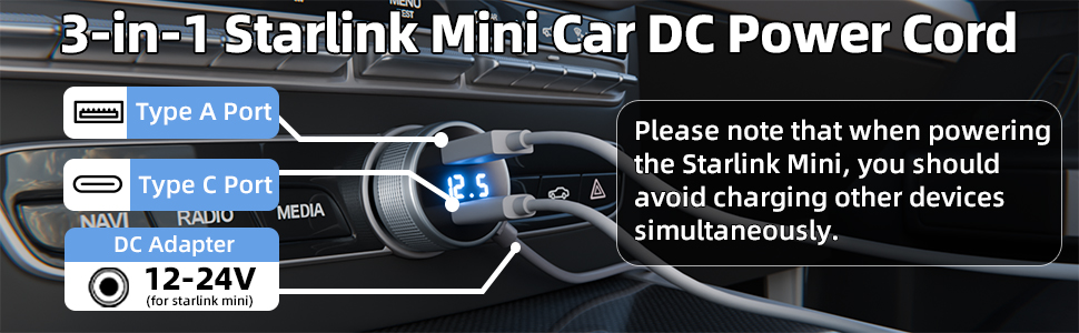 3-in-1 Starlink Mini Car DC Power Cord