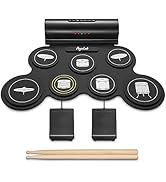 Electronic drum pad set with seven black circular pads arranged in semicircle, two foot pedals, and wooden drumsticks.