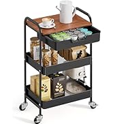 TOOLF 3-Tier Utility Rolling Cart with Wooden Board and Drawer, Metal Storage Cart with Handle, B...