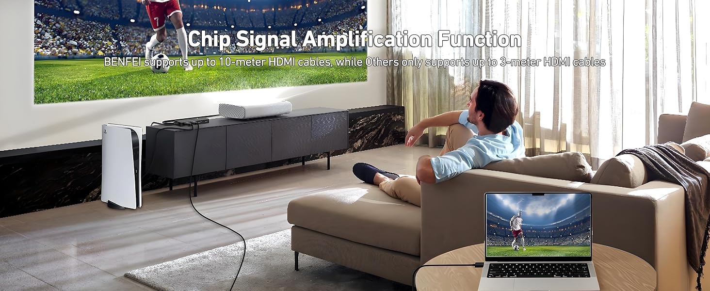 Living room setup showing a large TV screen displaying a sports event, with 'Chip Signal Amplification' text overlay and home entertainment system below.