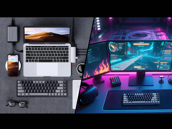 Multiple images of computer keyboards in different lighting conditions, showing various angles and RGB lighting effects in purple and blue tones.