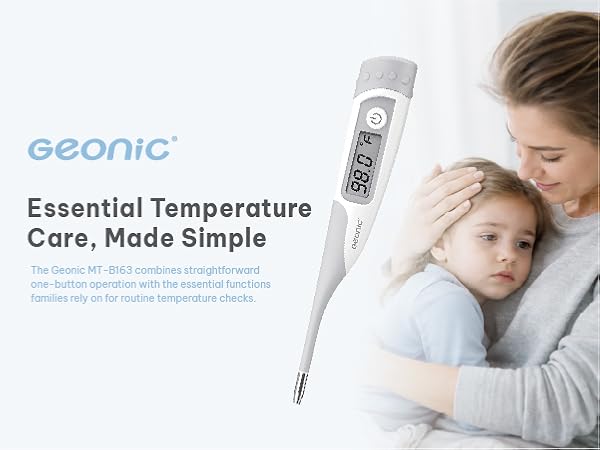 GEONIC B127 digital thermometer featuring a flexible tip, fever alert, and easy-to-read display.
