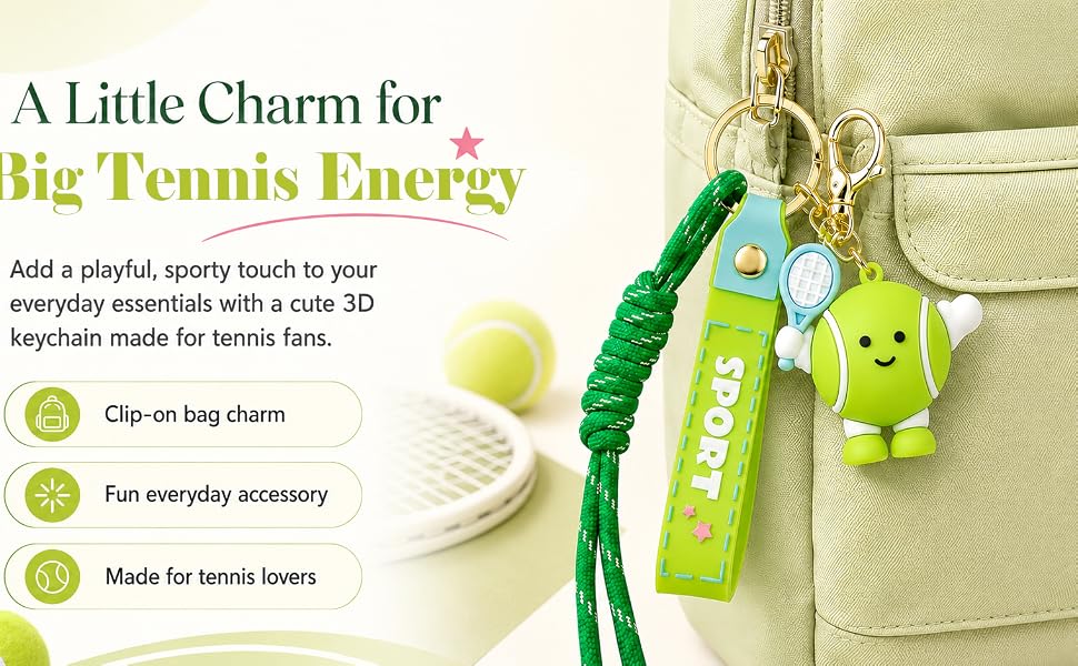 Cute Tennis Ball Keychain, Kawaii-Style 3D Cartoon Tennis Keychain with Key Ring