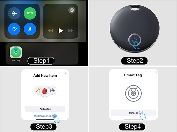 Four-panel instruction guide for setting up a smart tag device. Shows phone interface, circular black device with button, 'Add New Item' screen, and 'Smart Tag' connection screen.