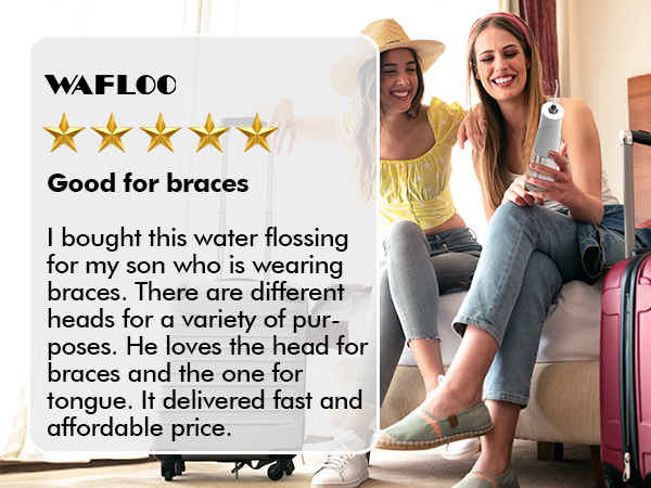 Customer review screenshot for Wafloo water flosser, showing 5-star rating and positive feedback about its effectiveness for braces.