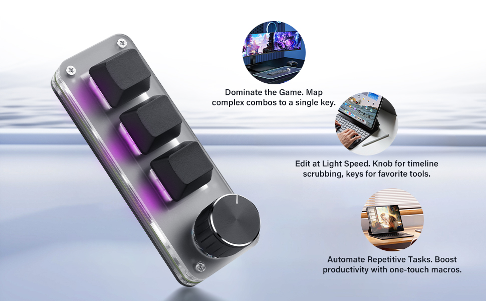 Control panel device with three illuminated buttons and a rotary knob. Product features shown include touch-sensitive controls and what appears to be audio-related functionality.