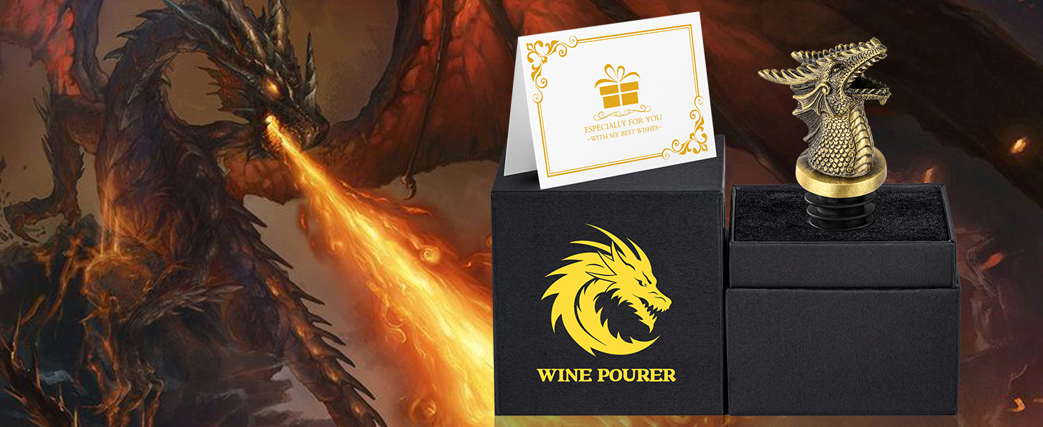 Wine pourer gift set featuring a dragon logo design and metallic angel-shaped bottle topper in presentation box with certificate.