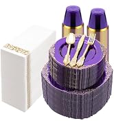 Bestluck 700PCS Clear Purple Plastic Plates for 100 Guests, Disposable Plates with Gold Trim incl...