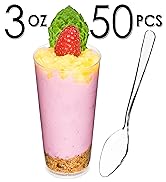 DLux 50 x 3 oz Mini Dessert Cups with Spoons, Shooter - Clear Plastic Parfait Appetizer Cup - Sma...