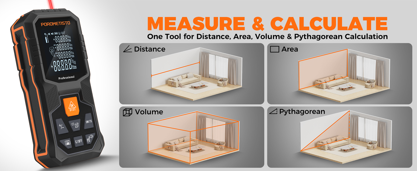 Text reads 'MEASURE &amp; CALCULATE'. Multi-panel image showing digital measuring device being used to measure rooms and spaces, with 3D rendering demonstrations.