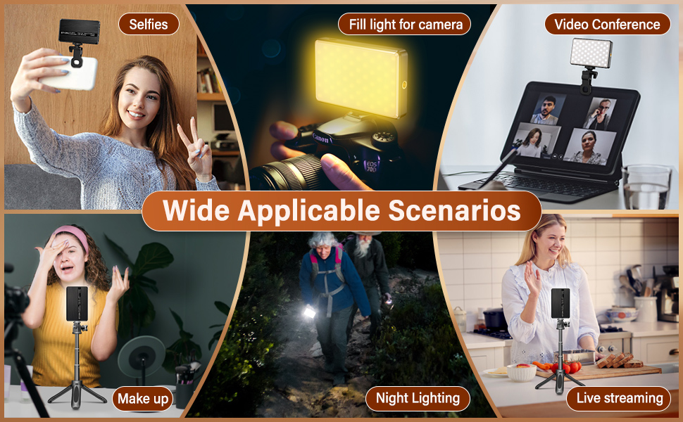 Collage showing various uses of a handheld device. Scenarios include selfies, video calls, makeup application, and low-light photography.