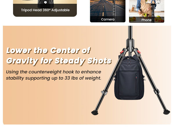 360° adjustable tripod head with counterweight hook, fits monitors/telescopes/cameras/phones, etc.