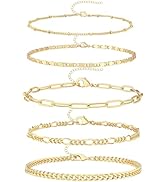 Gokeey Ankle Bracelets for Women, 14k Gold Jewelry Set Waterproof Layered Cuban Figaro Link Chain...