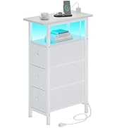 TRIFEBLE End Table with Charging Station, Narrow Side Table with 3 Fabric Drawers, Skinny Nightst...