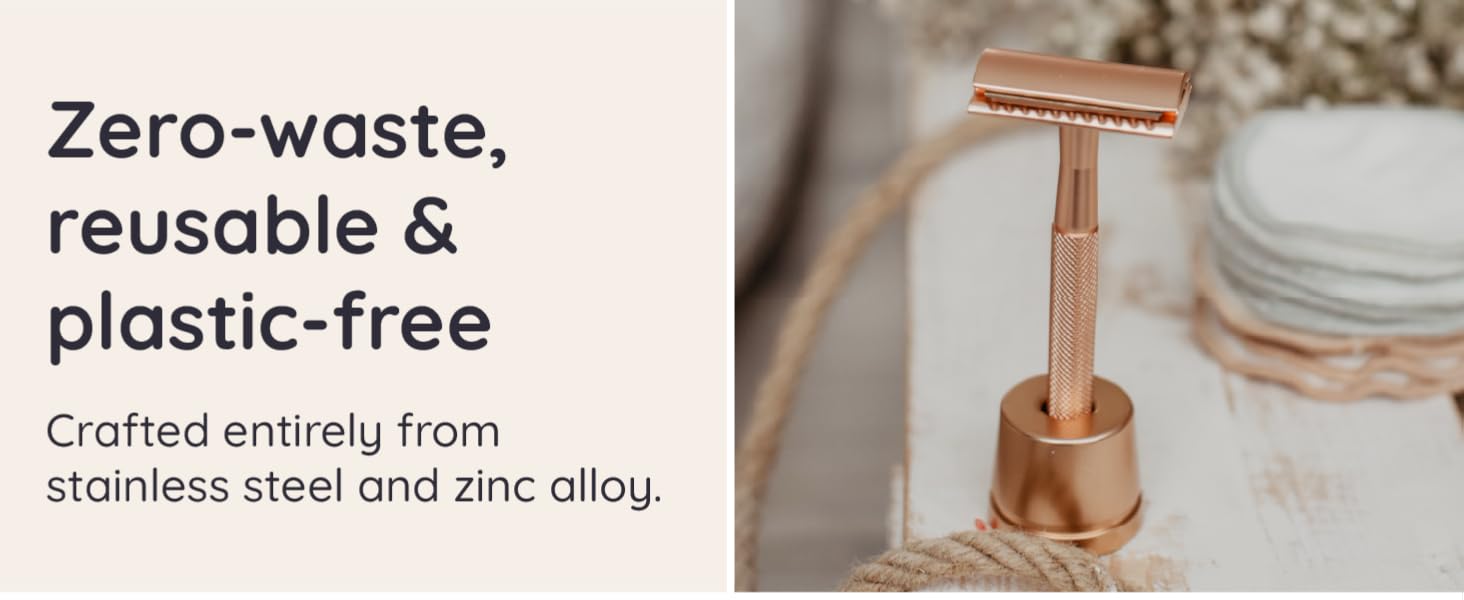 Text reads: 'Zero-waste, reusable &amp; plastic-free' and 'Crafted entirely from stainless steel and zinc alloy.' Rose gold colored metal safety razor shown against white background.