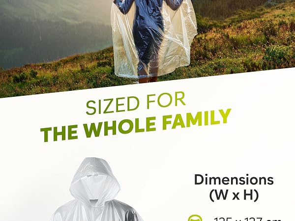 Clear plastic rain poncho worn outdoors. Product image shows dimensions of 125x127 cm. Text emphasizes 'Sized for the whole family', indicating versatile sizing for multiple users.