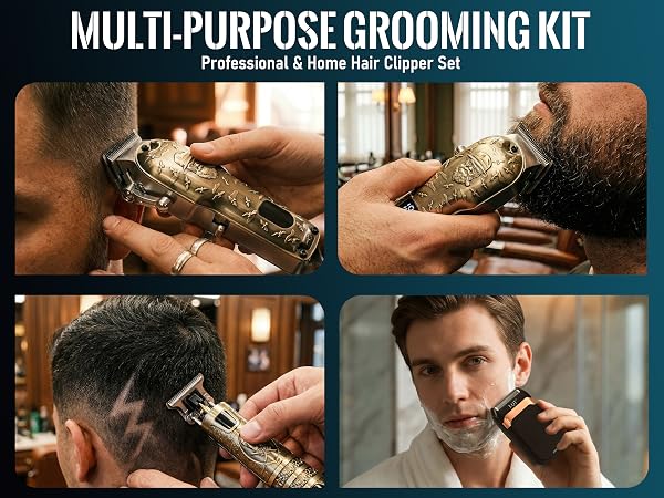 Text reads 'MULTI-PURPOSE GROOMING KIT'. Series of product demonstration images showing grooming tool usage in various scenarios.