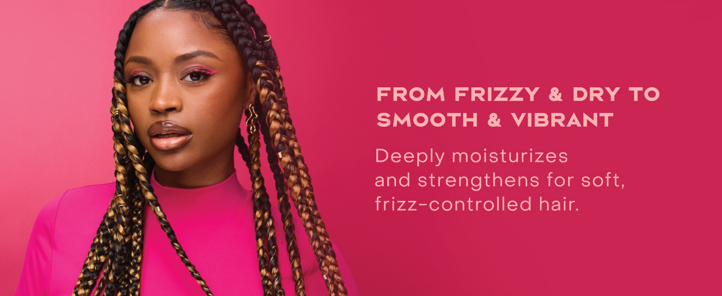 Image of a woman with braided hair, next to text highlighting some benefits of our conditioner.