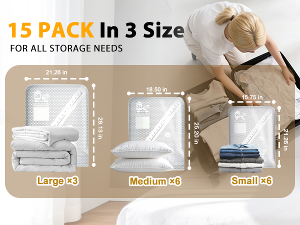 15-pack vacuum storage bags in 3 sizes: large, medium, small, with inch dimensions shown.