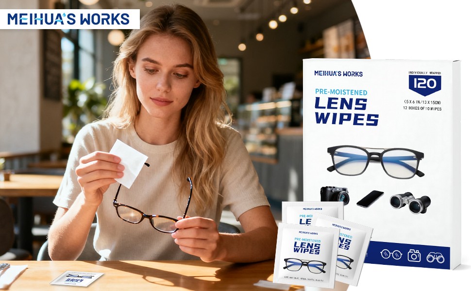 Woman cleaning glasses with MEIHUA’S WORKS lens wipes in a cozy café setting.