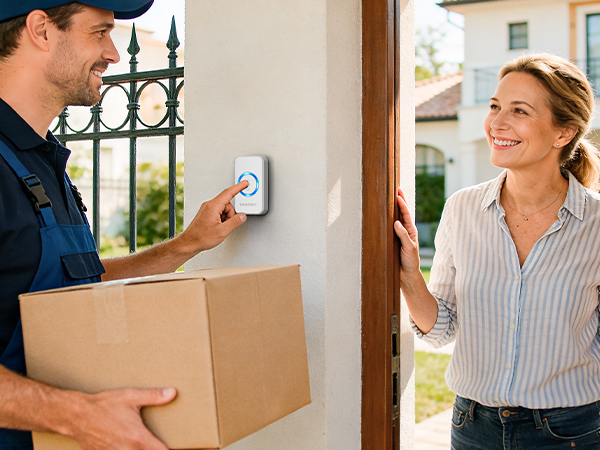Series of lifestyle images showing delivery interactions at a residential entrance, featuring package handoffs and digital device usage.