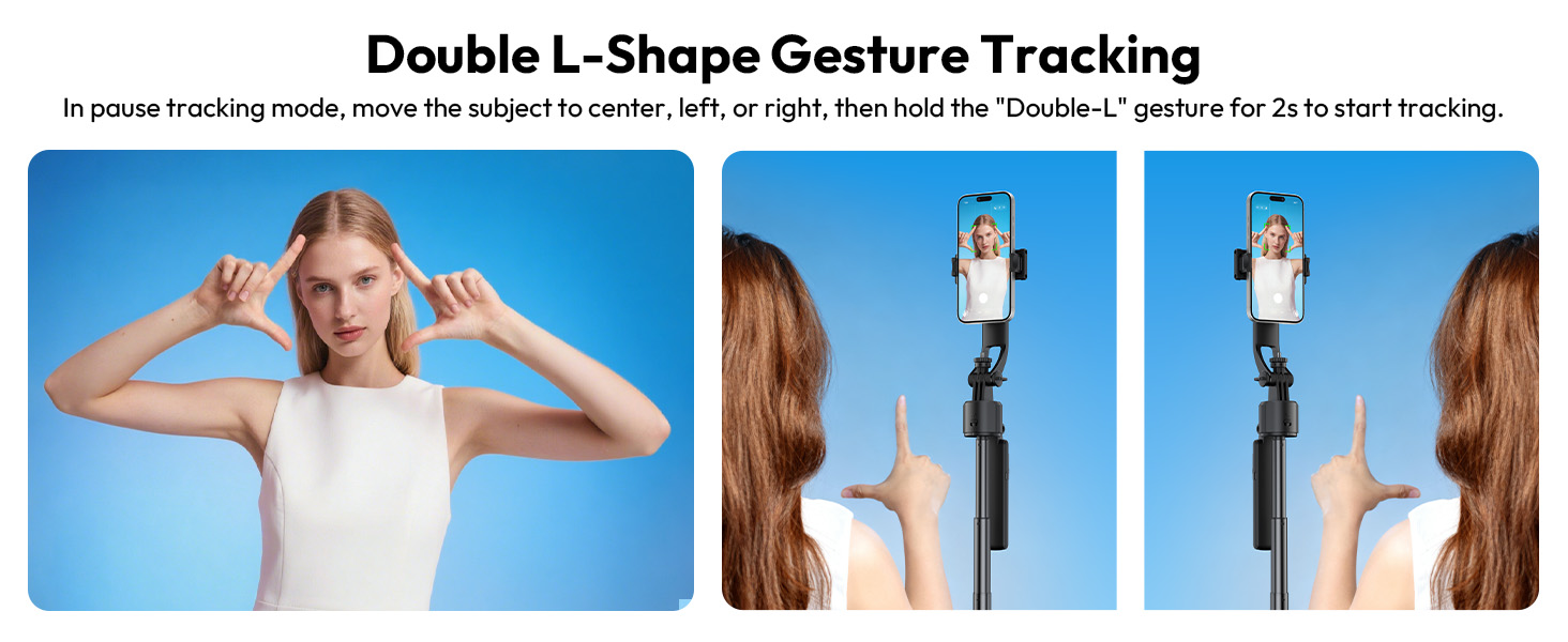 Text reads 'Double L-Shape Gesture Tracking'. Sequential instructional images showing handheld device positioning and movement patterns.