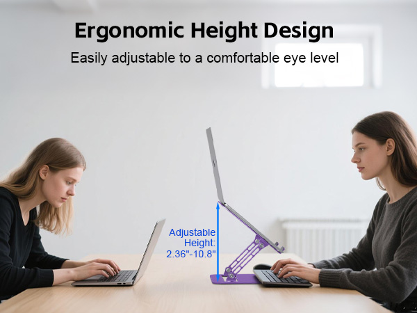 Ergonomic laptop stand adjusts to a comfortable eye level, helping relieve neck &amp; back pain