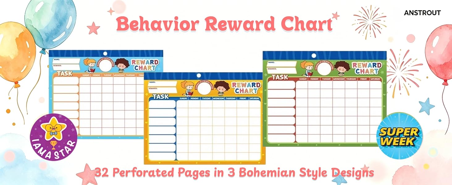 This new bohemian-style kids&amp;amp;#39; reward chart comes in 3 designs with 32 perforated pages.