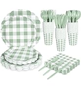 175 PCS Sage Green Gingham Plates and Napkins, Green Checkered Disposable Plates Set with Napkins...