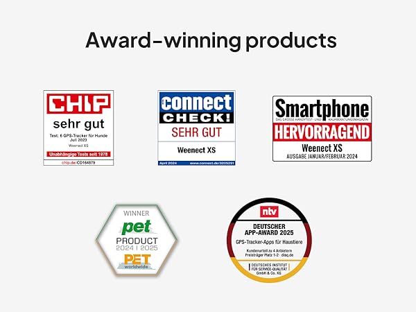 Text shows 'Award-winning products' with multiple certification logos including 'CHIP', 'connect', 'Smartphone', and quality/safety certification badges arranged horizontally.