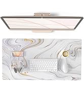 QIYI White Mouse Pad, Cute Marble Large Desk Mat, PU Leather Desk Protector Mousepad, Gold Grey S...