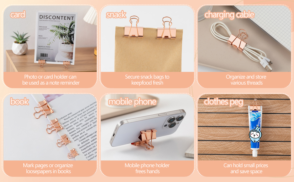 binder clips: multi-functional for photos, snacks, cables, books, phones, and hanging items