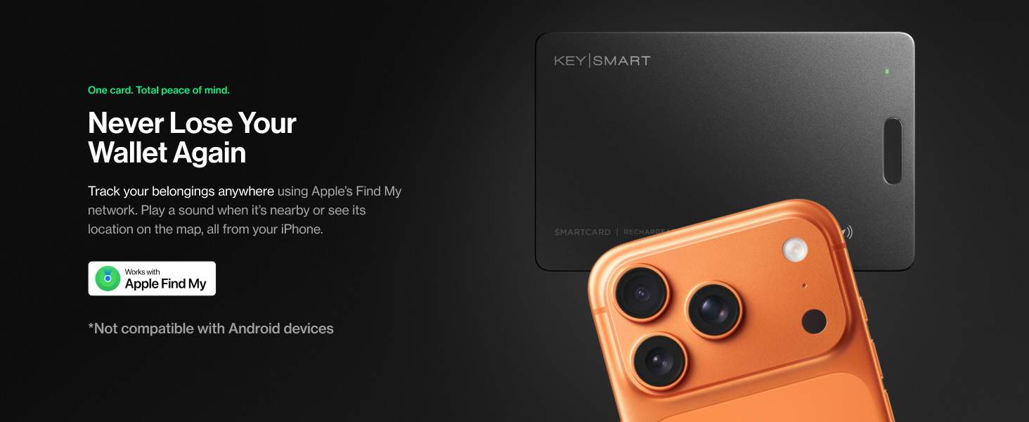 Text reads 'Never Lose Your Wallet Again' with tagline about tracking device, shown with black rectangular tracker device and orange camera module illustration of smartphone.