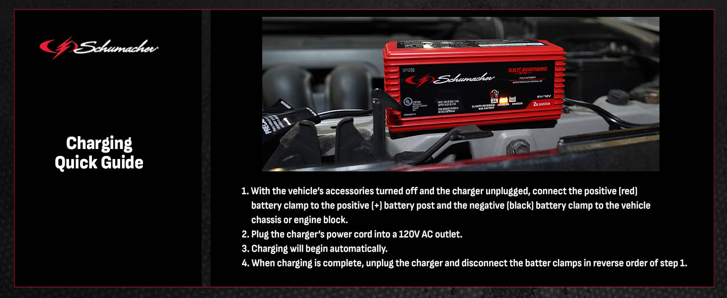 How to use the SP1296 car battery charger and maintainer to charge an automobile battery.