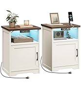 AODK Farmhouse Nightstand Set of 2, Bedside Table with Charging Station &amp; LED Lights, End Tables ...