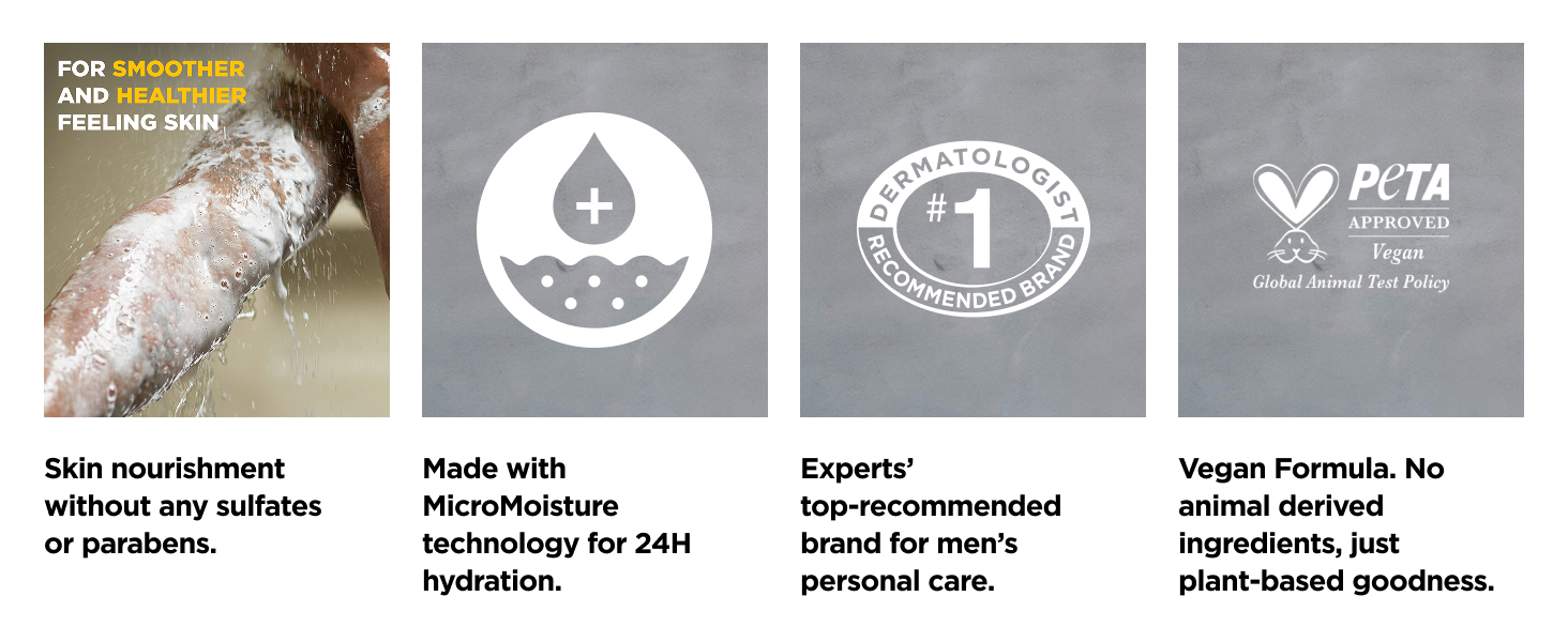 Icons about no sulfates or parabens, MicroMoisture, expert's recommended brand &amp; PETA approved seal.