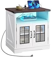 WLIVE Farmhouse End Table, 24" Side Table with Charging Station, LED Farmhouse Nightstand with Ad...