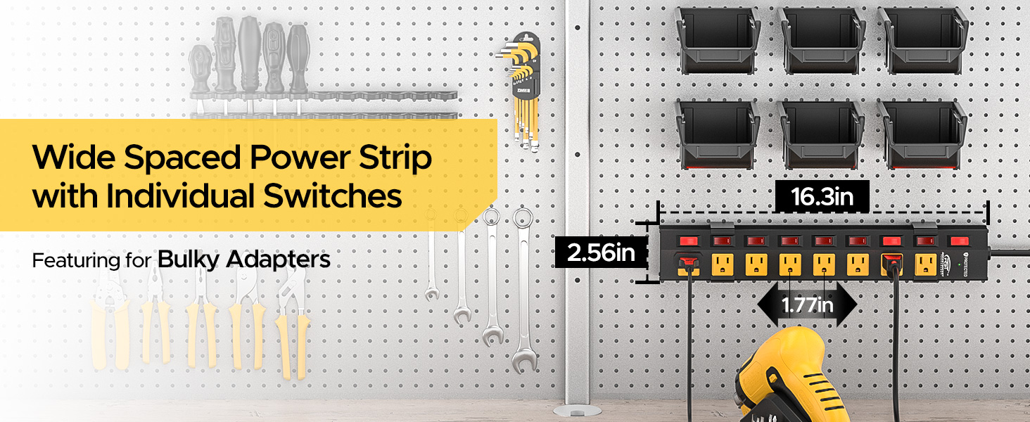 garage power strip with switches, heavy duty power strip, long power strip