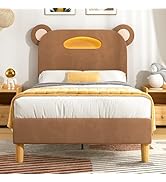 VECELO Twin Size Bed Frame, Bear-Shaped Adjustable Headboard with LED Lights &amp; Storage, Upholster...
